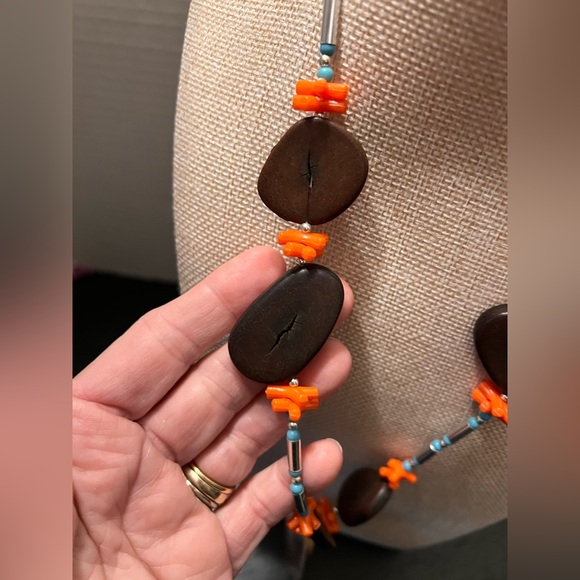 Vintage Brown Orange Shell Beaded Necklace mixed materials shell wooden chunky - Picture 6 of 6
